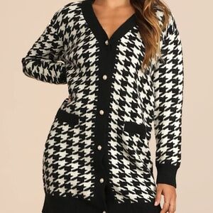 Lulus x LUSH Truly Iconic Black And White Houndstooth Cardigan Sweater Dress